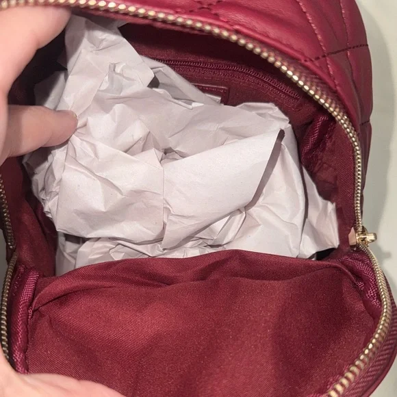 Badgley Mischka Burgundy Quilted Mini Backpack with Gold Accents - Picture 8 of 12